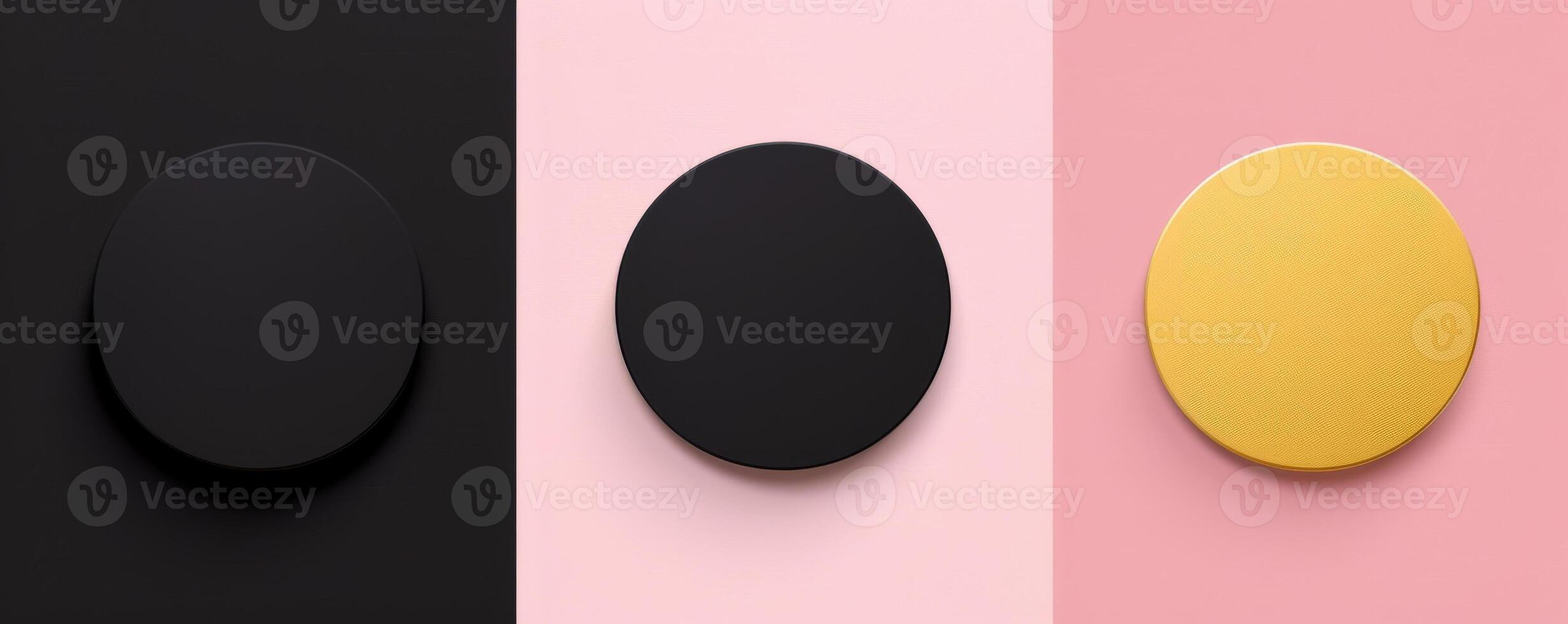 Minimalistic background with circles made in black, pastel pink and gold colors, in a flat style. View from above. photo