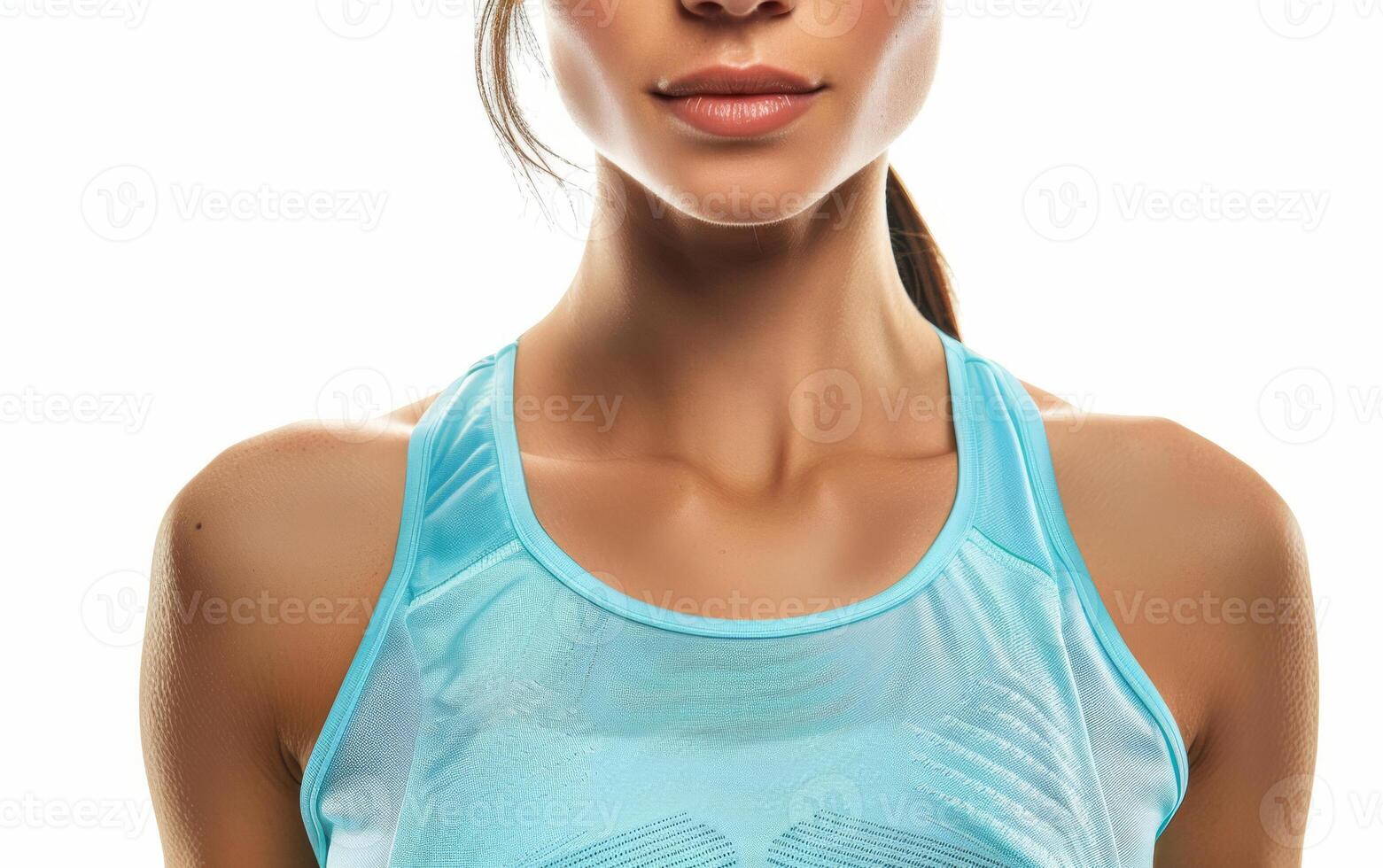 A woman in light blue sleeveless sportswear on a white background. Close-up of her upper body from the front. photo