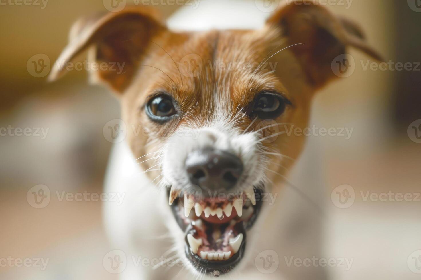 A close-up photo of an angry Jack Russell Terrier. The mouth of an angry dog with teeth.