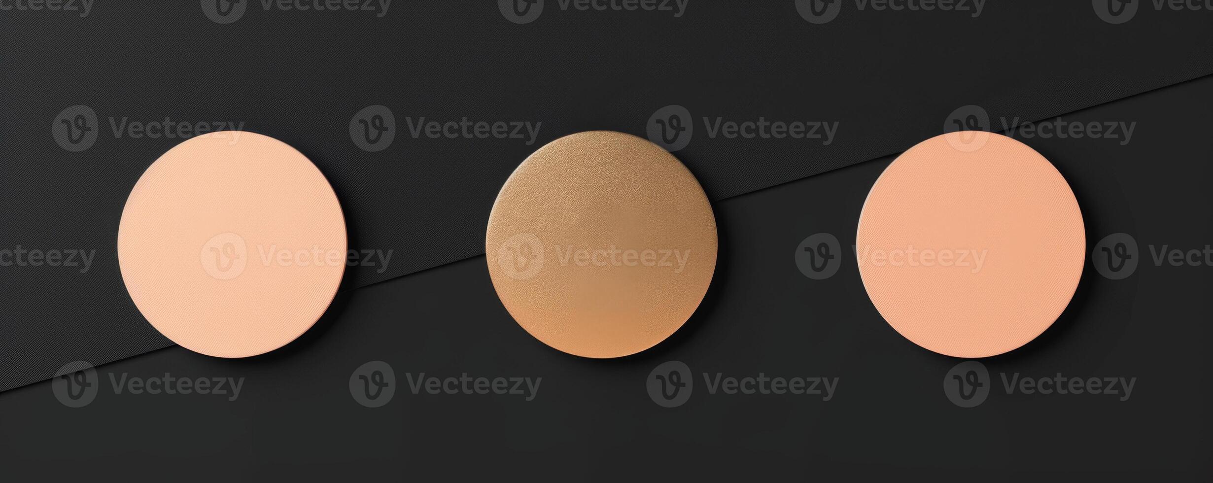 Minimalistic background with circles made in black, pastel pink and gold colors, in a flat style. View from above. photo