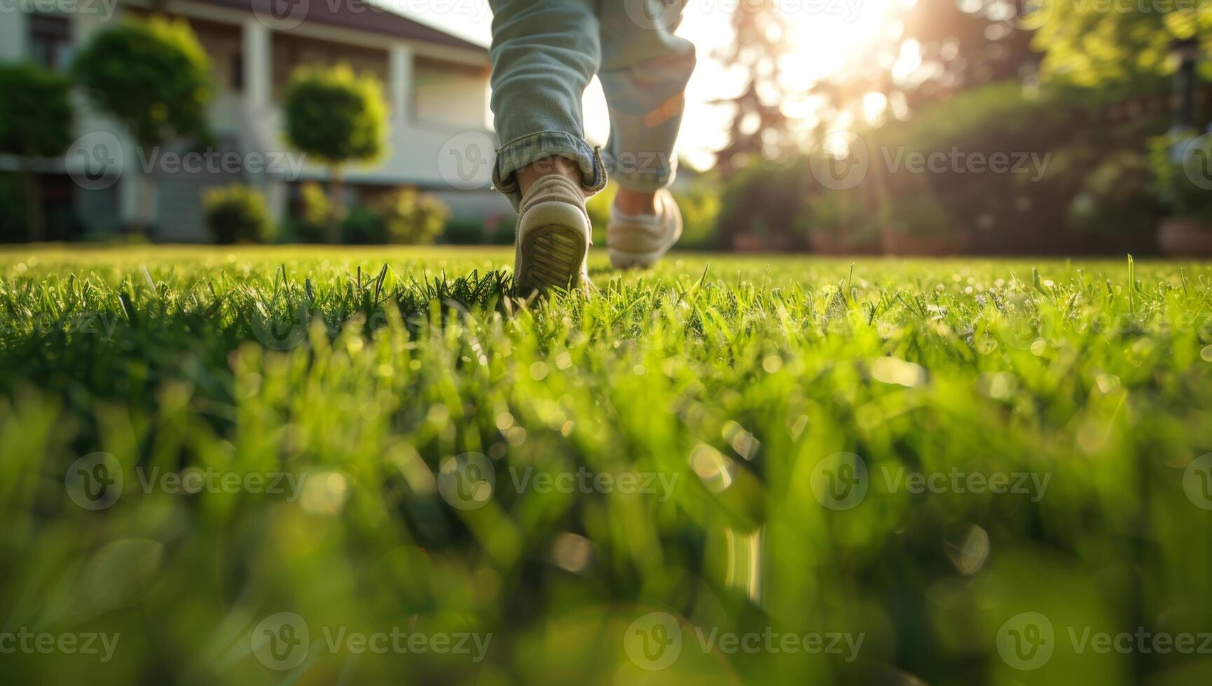 Close-up of the grass in the yard in front of the house. A child running across the lawn in the background of a house. photo