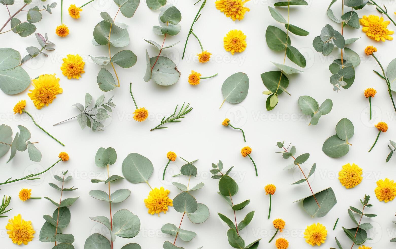 Eucalyptus leaves and yellow flowers on a white background in a flat top view. Seamless pattern as an idea for wallpaper, banner, cover page pattern. photo