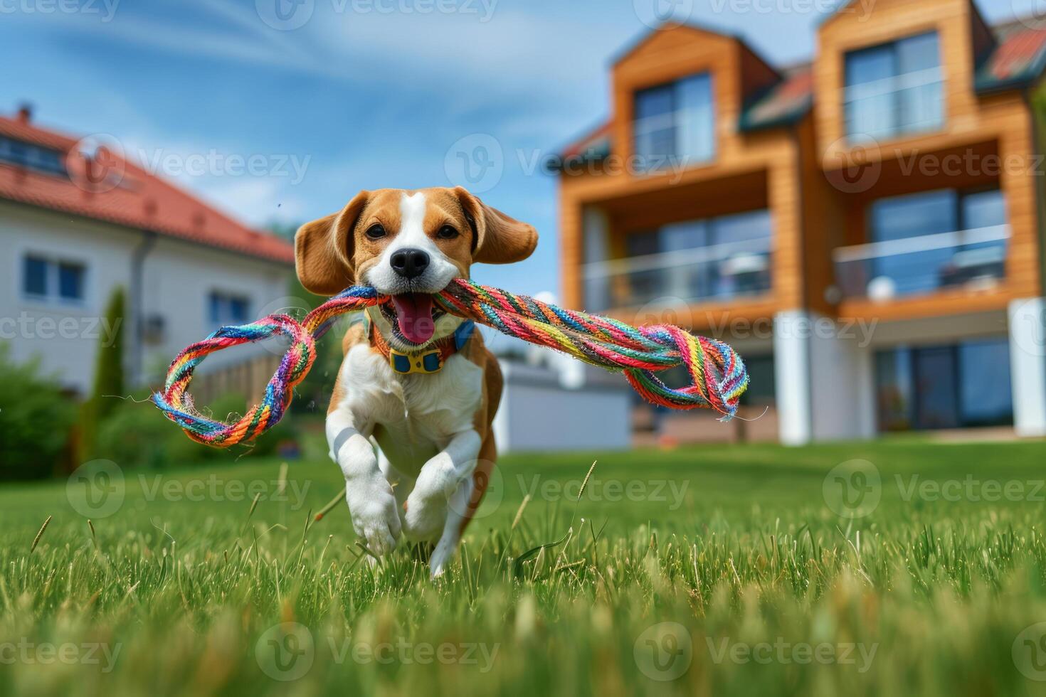 A beagle dog runs across a green lawn holding a colorful rope toy in its teeth. A beautiful puppy is happily playing in the yard. photo