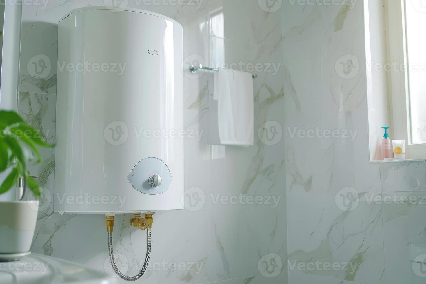 boiler-water heater with a modern design water bath. Modern equipment with a temperature indicator. Electric heater for shower and bathroom. photo