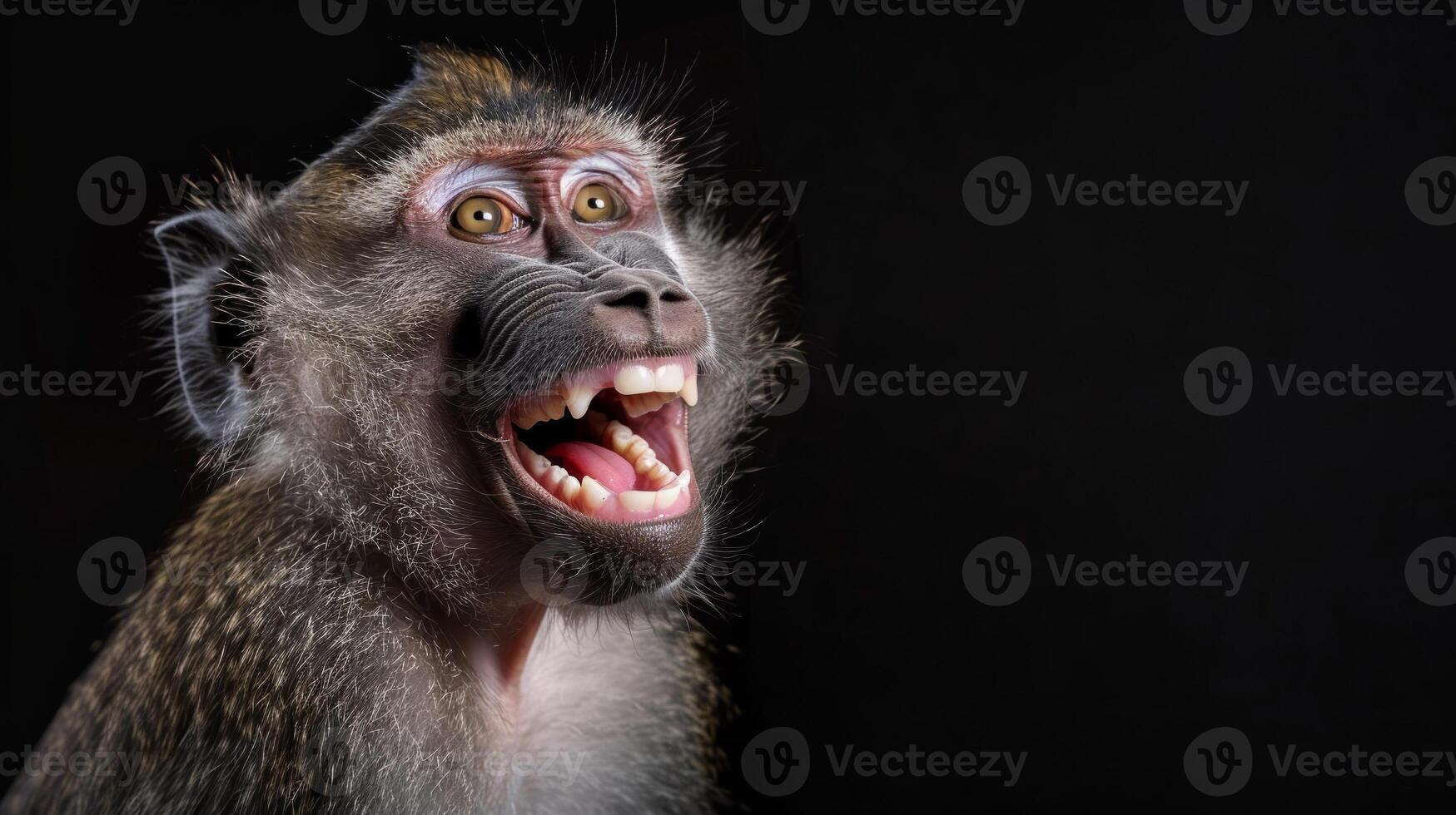 Close-up of a happy monkey on a black background. The monkey shows his white teeth. photo