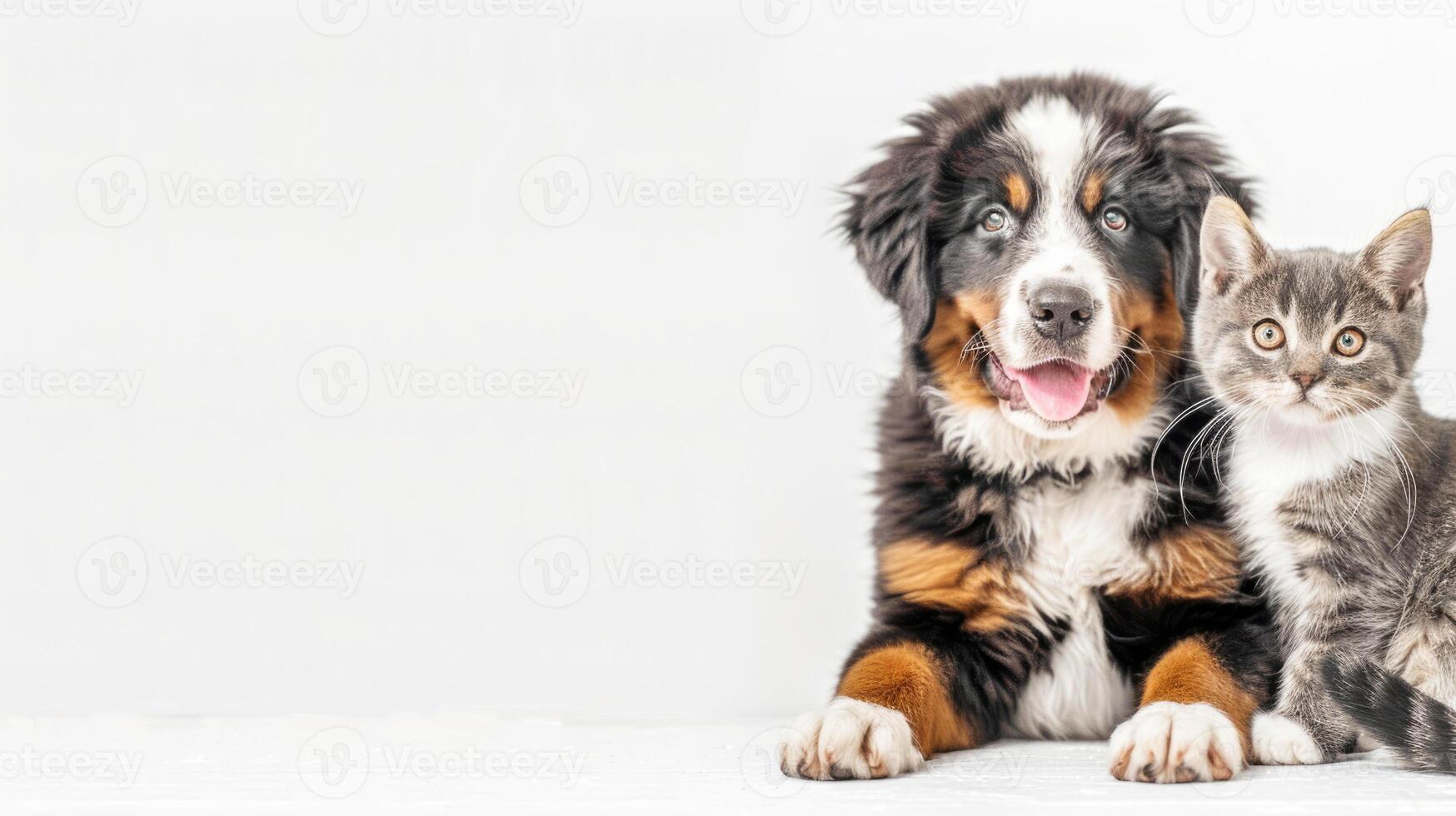 A photo of a pet cat and dog on a white background. a happy puppy of the Bernese Mountain Dog breed and a small gray striped kitten of the British shorthair breed.