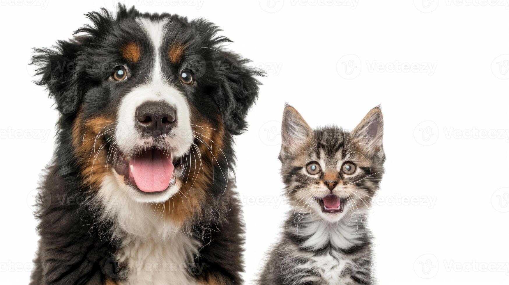 A photo of a pet cat and dog on a white background. a happy puppy of the Bernese Mountain Dog breed and a small gray striped kitten of the British shorthair breed.