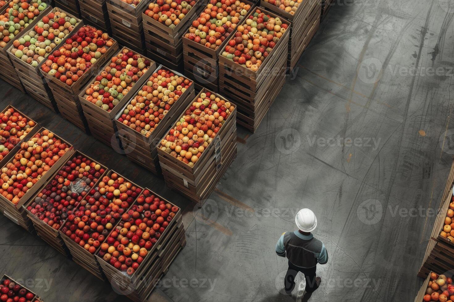 An employee in a white helmet looks at pallets of apples in the warehouse. A man keeps records of apples in boxes in a clean and modern warehouse. photo