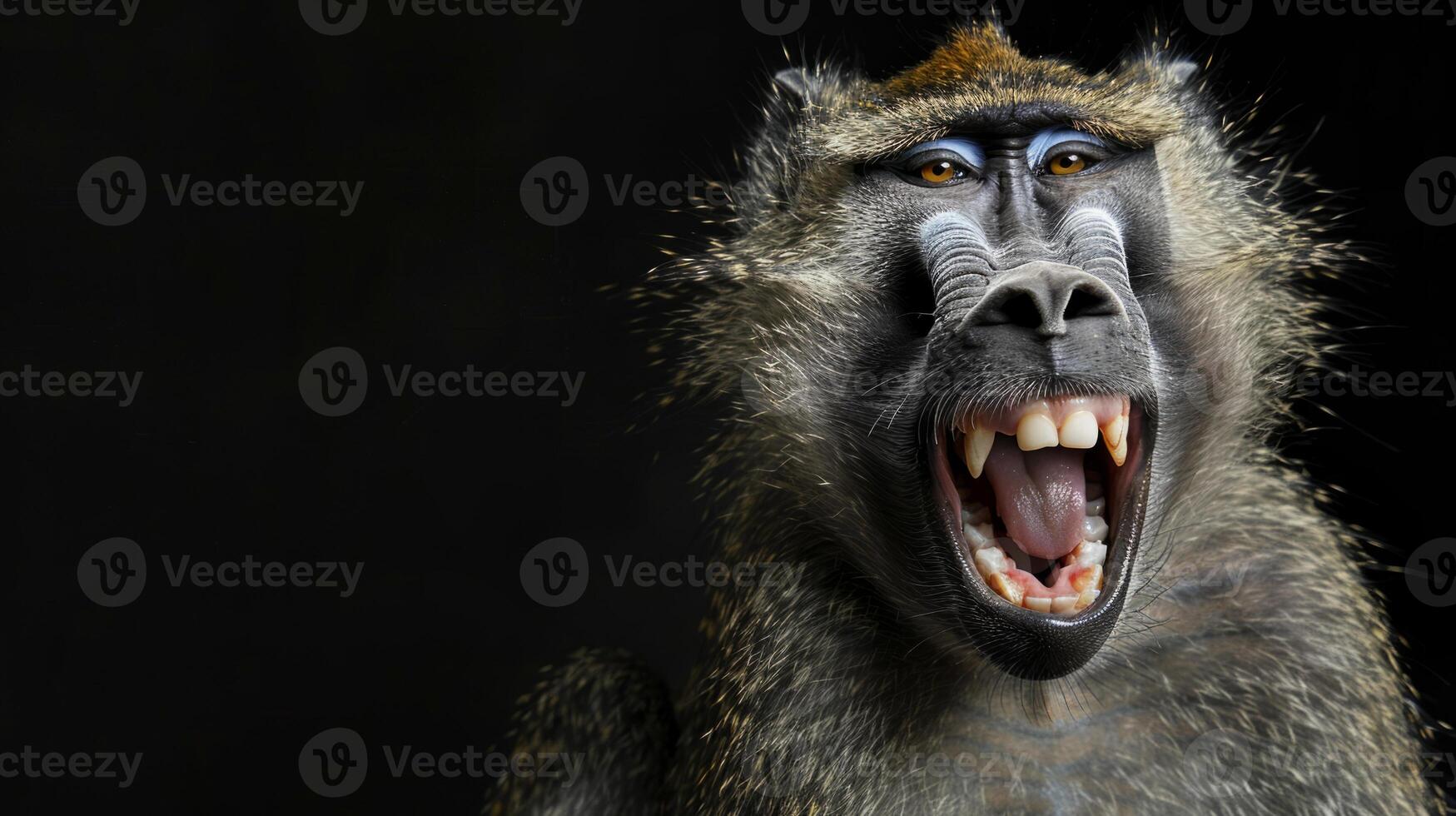 Close-up of a happy monkey on a black background. The monkey shows his white teeth. photo