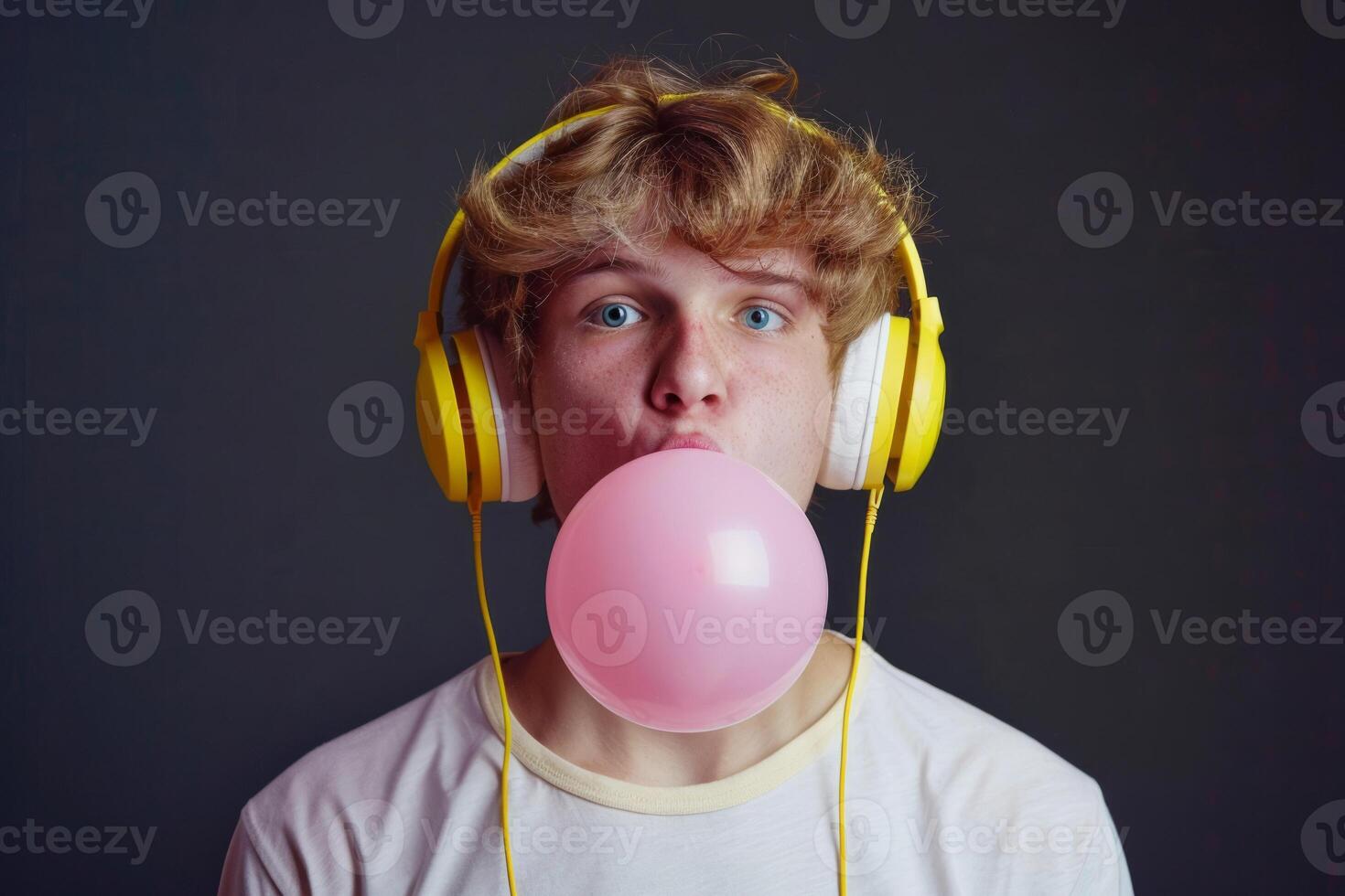 Photo of a young man giving pink chewing gum in yellow headphones on a black background.