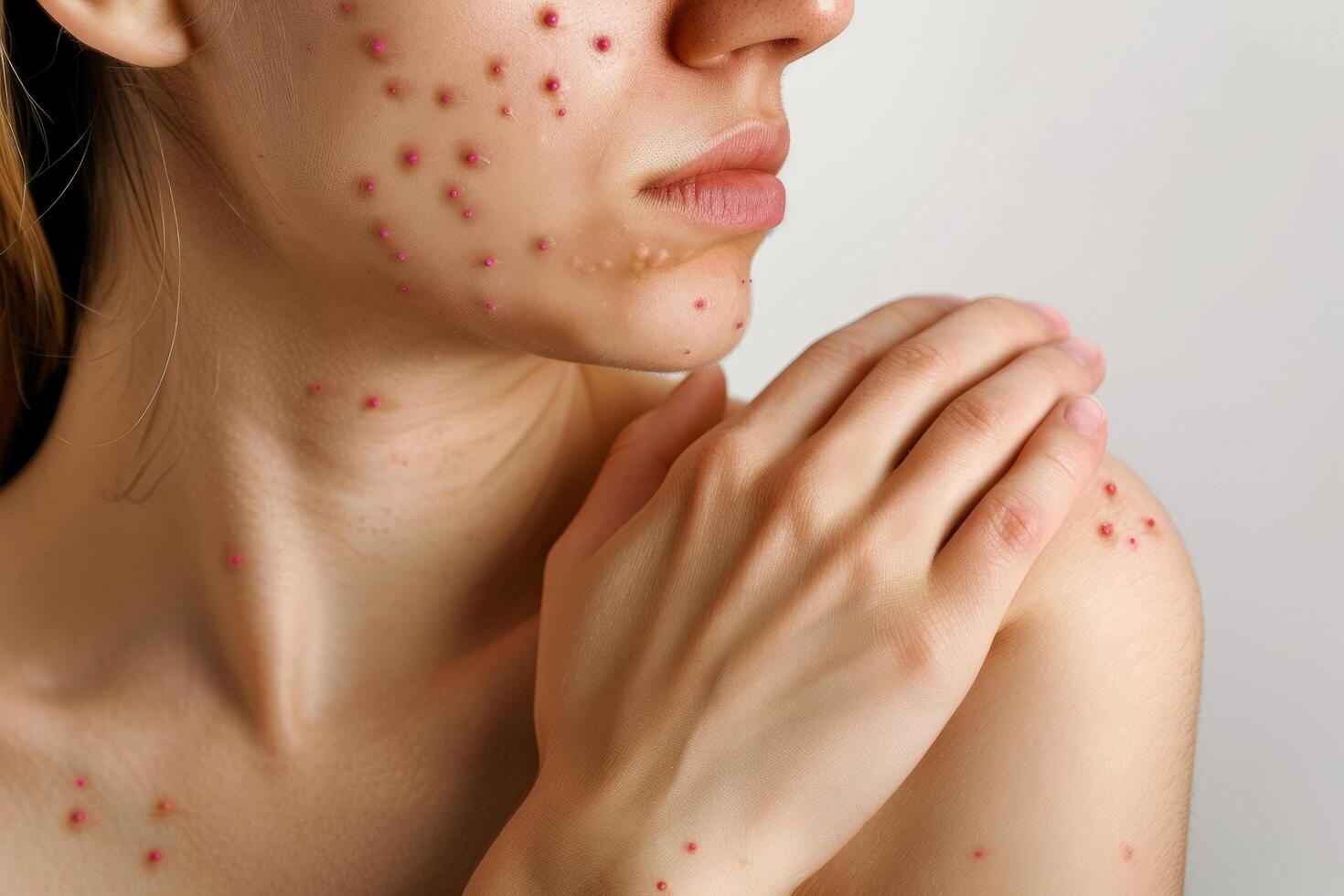 Close-up of a woman holding her hand on her chest, showing skin with red round spots. Chickenpox, monkeypox virus, Contagious mollusc. photo