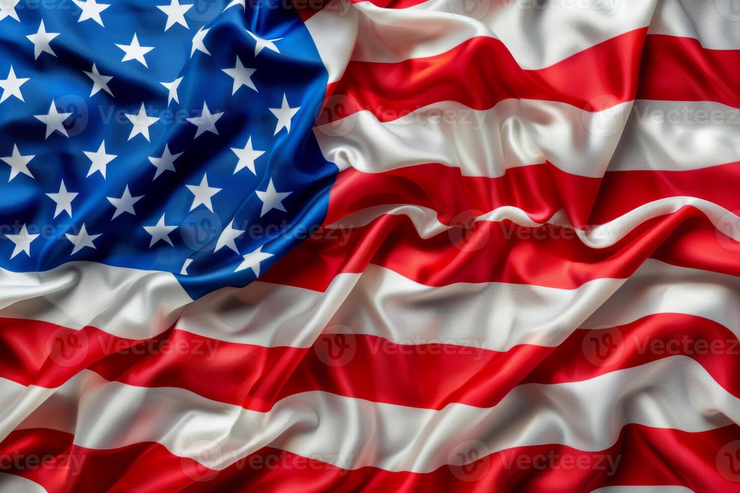 Close-up of the curved American flag. The US flag with a satin texture. Memorial Day or July 4th. The concept of freedom photo