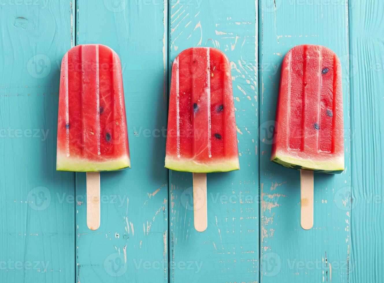 Delicious fruit ice cream with watermelon slices on a blue wooden background. The concept of summer holidays. photo