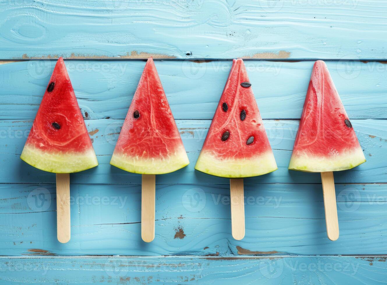 Delicious fruit ice cream with watermelon slices on a blue wooden background. The concept of summer holidays. photo