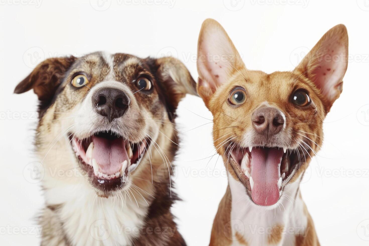 Happy dogs smile and look at the camera. Two dogs on an isolated white ackground. Don't Worry Be Happy photo