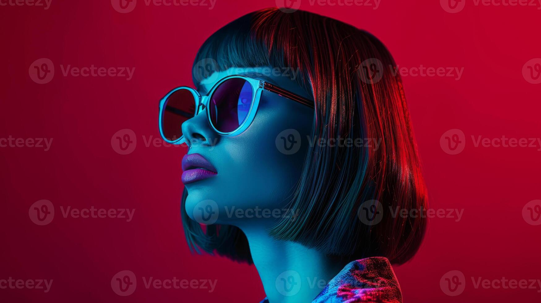 Portrait of a young woman with a square haircut and glasses on a dark red background. Neon lighting. The concept of high fashion, the design of the cover of a fashion magazine. photo