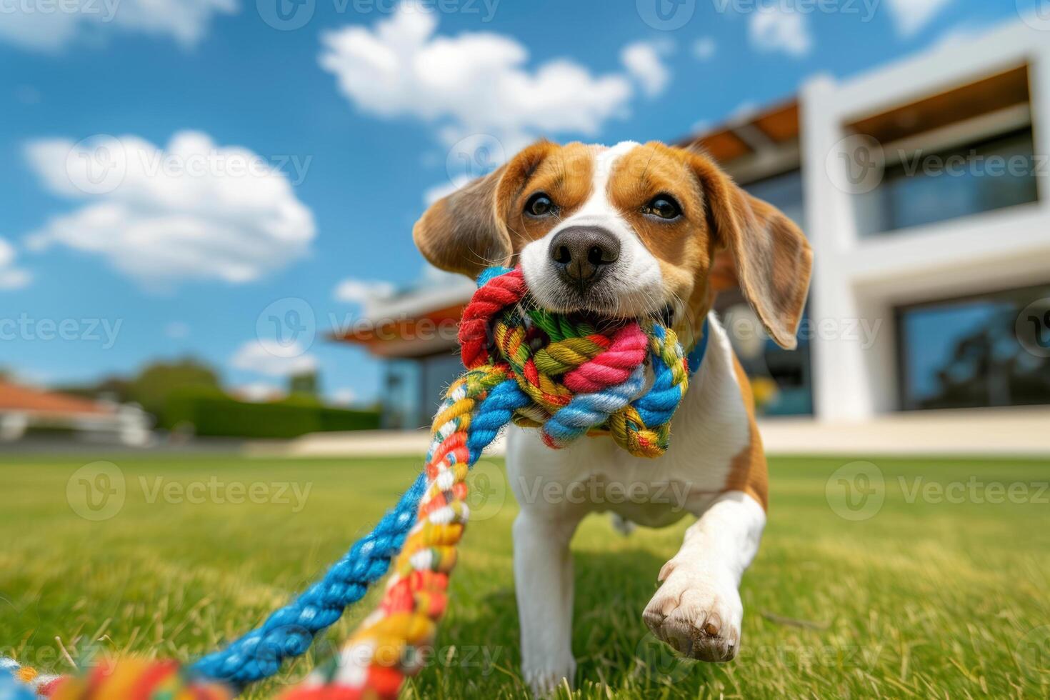 A beagle dog runs across a green lawn holding a colorful rope toy in its teeth. A beautiful puppy is happily playing in the yard. photo