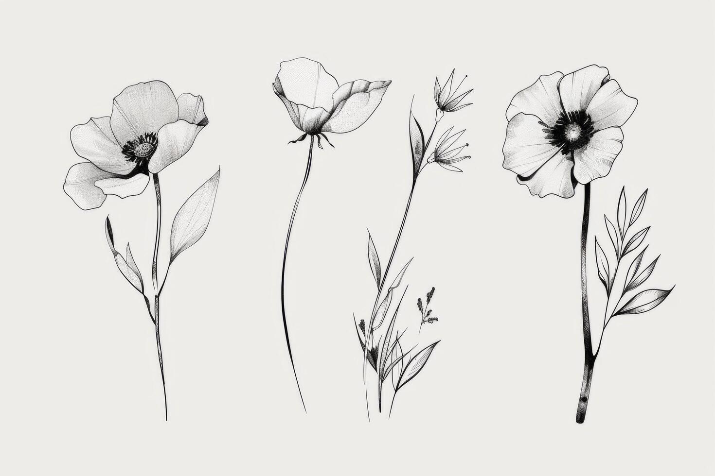 minimalistic botanical graphic sketch, fashionable miniature tattoo design, floral elements. photo