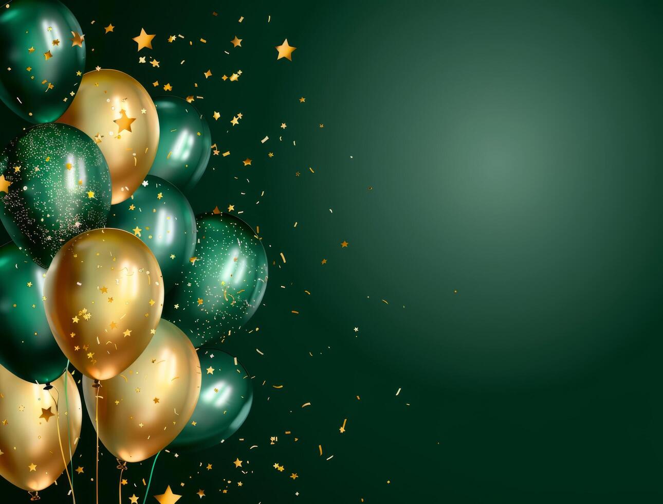 golden and green balloons, confetti and stars on a dark green background. template for a banner or greeting card. Happy Birthday. photo