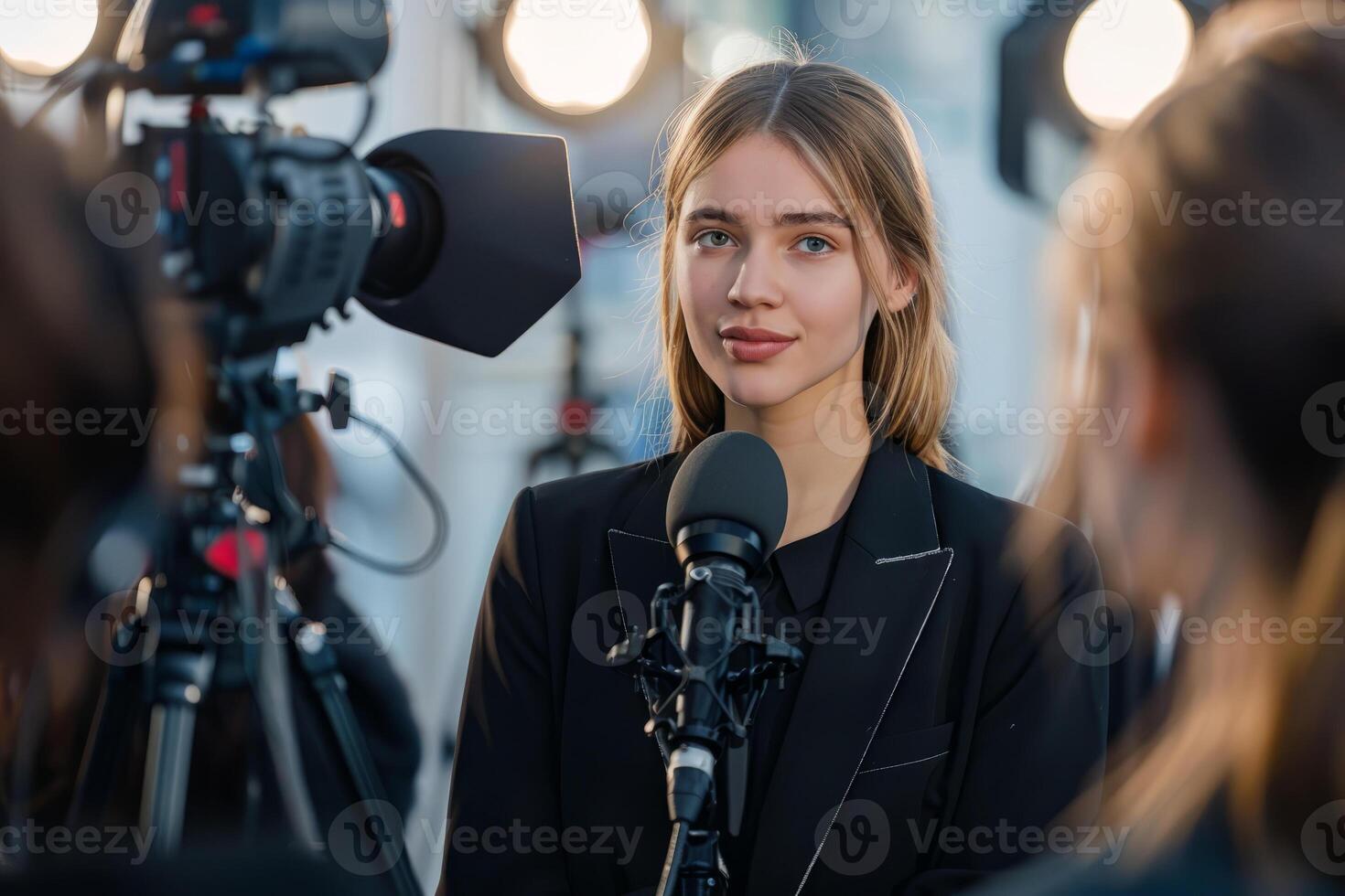 a woman gives an interview in front of the camera with a smile on her face. photo