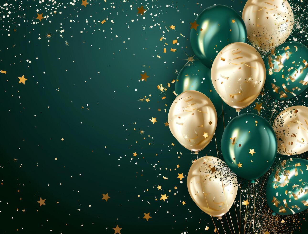 golden and green balloons, confetti and stars on a dark green background. template for a banner or greeting card. Happy Birthday. photo
