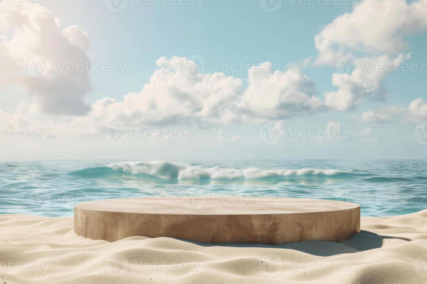 Polished stone platform on the background of the seascape. A mirrored stone area with a smooth horizontal texture in the foreground white beach. photo