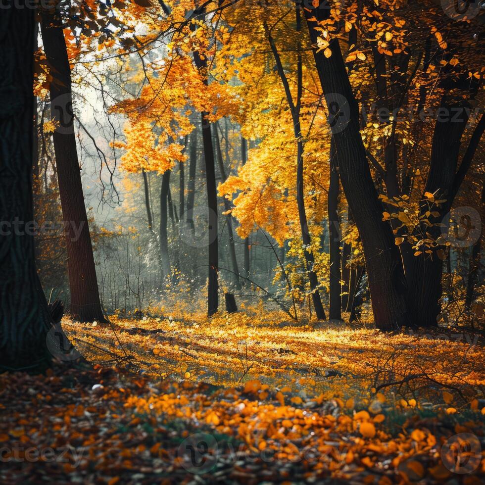 A path passing through a forest grove. A haze in the forest on a hill. The spring period in the forest. The atmosphere of the spring forest and cloudy weather. photo