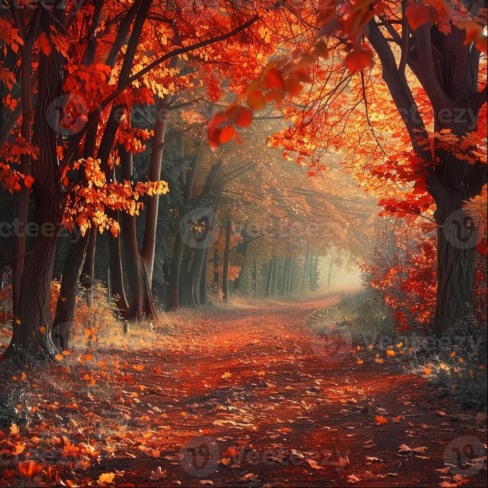 A path passing through a forest grove. A haze in the forest on a hill. The spring period in the forest. The atmosphere of the spring forest and cloudy weather. photo