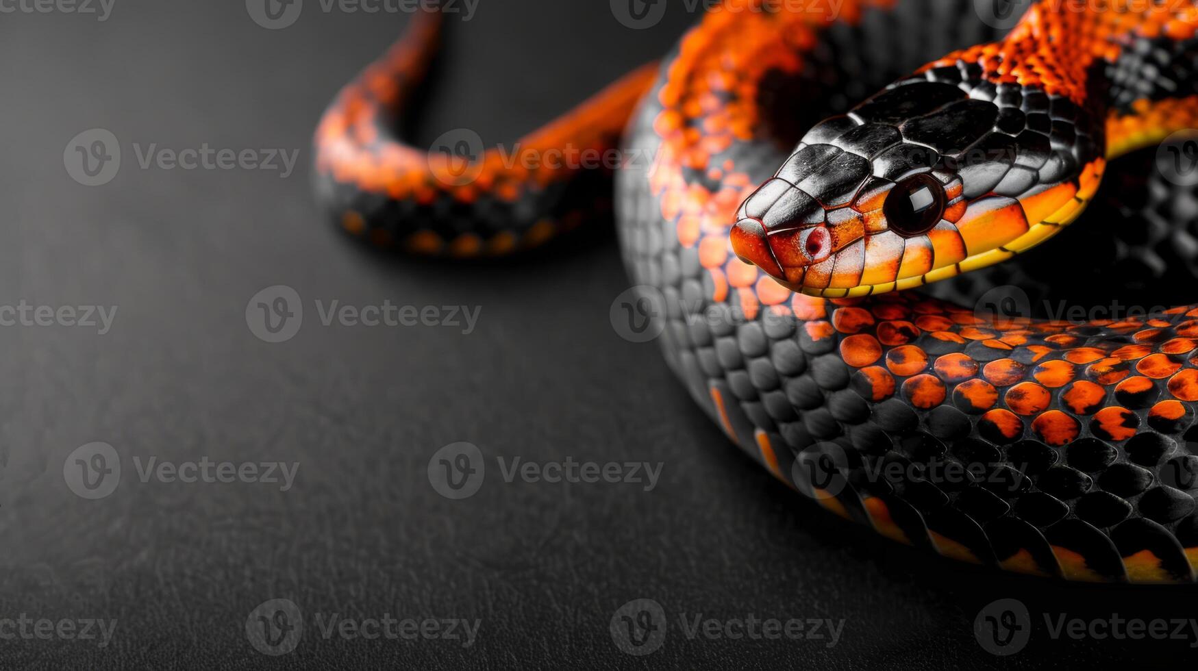 An orange and black snake on a black background. The snake as a symbol of the year 2025. A place for the text. photo