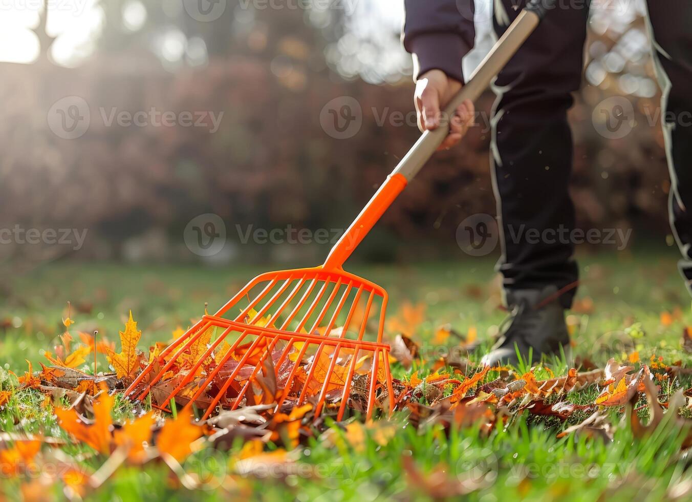 Close-up of a man raking autumn leaves with an orange plastic garden rake in a park on a sunny day against a background of green grass photo