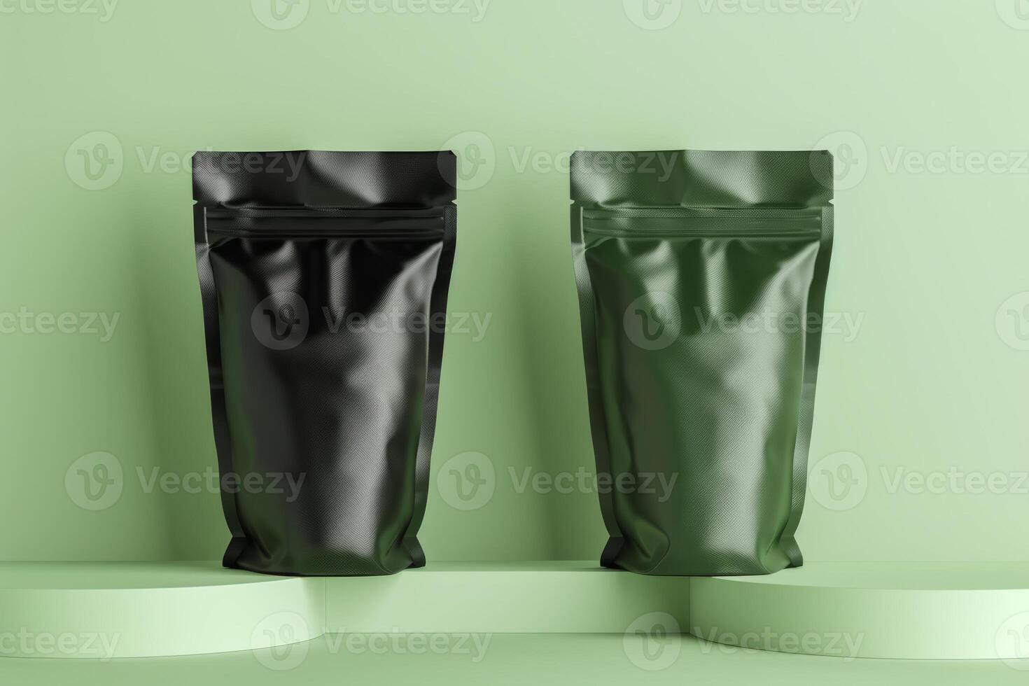 empty foil packages of different colors on a pastel green podium. An idea for an advertisement. photo