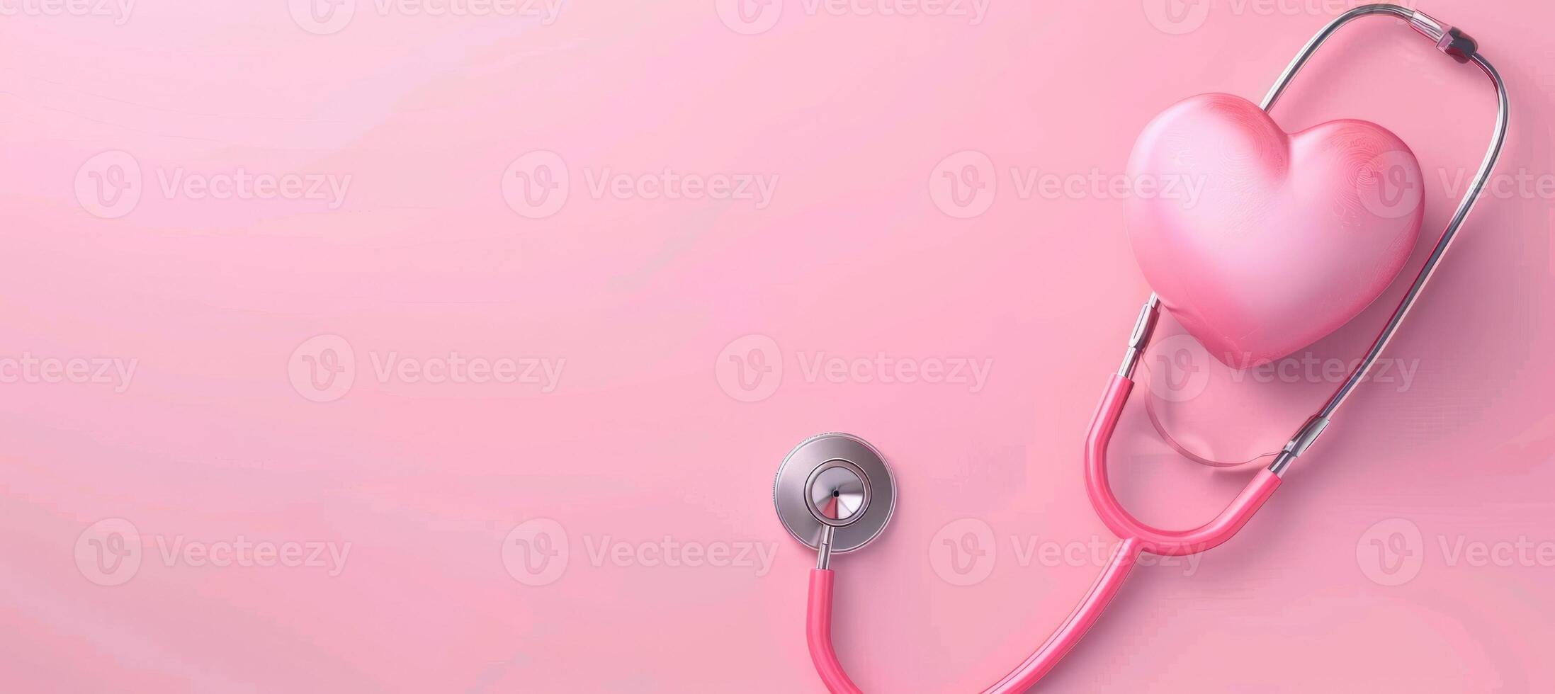 A stethoscope and a pink heart on a pink background. Space for copying. Banner design. The concept of World Health Day. photo