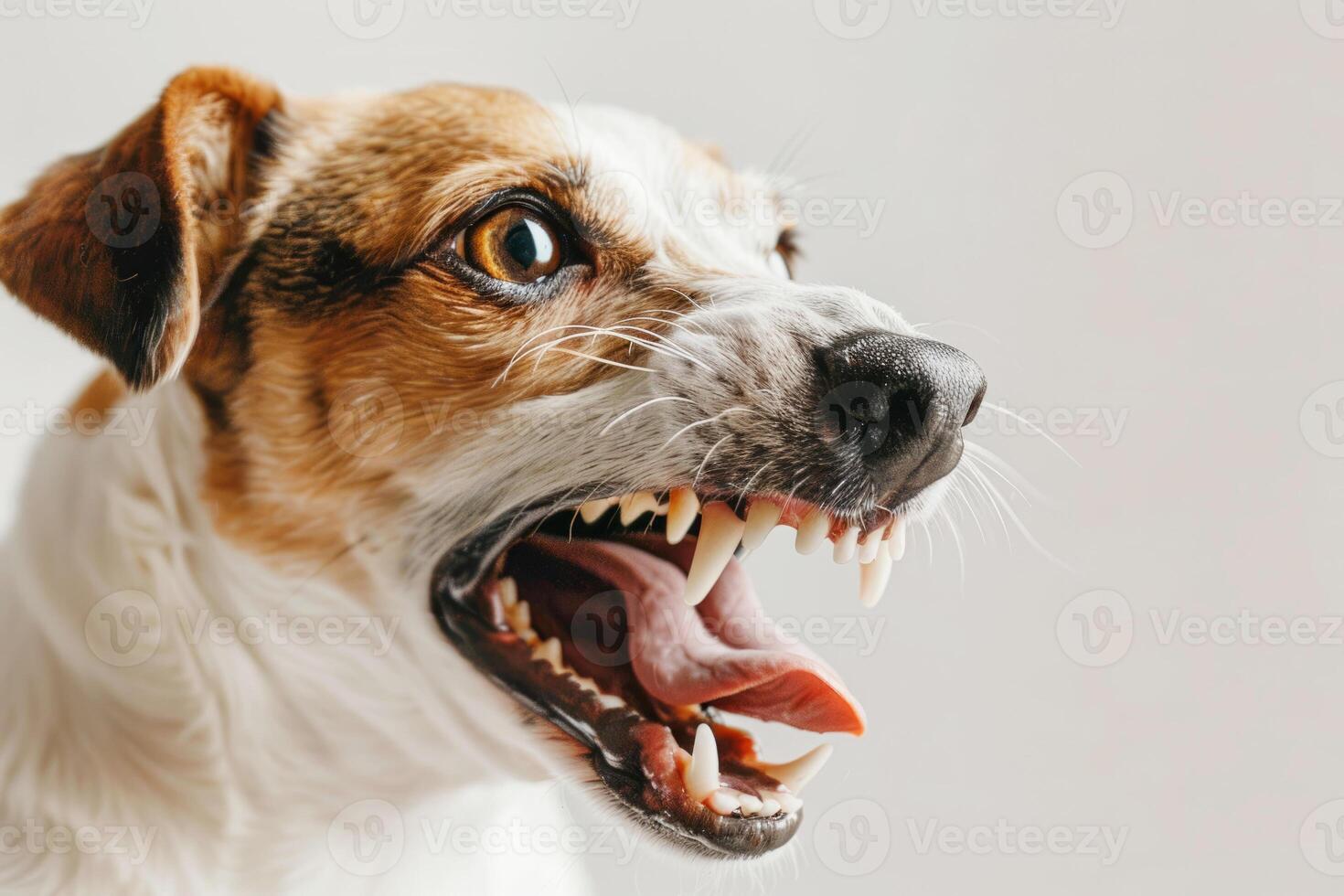 A close-up photo of an angry Jack Russell Terrier. The mouth of an angry dog with teeth.