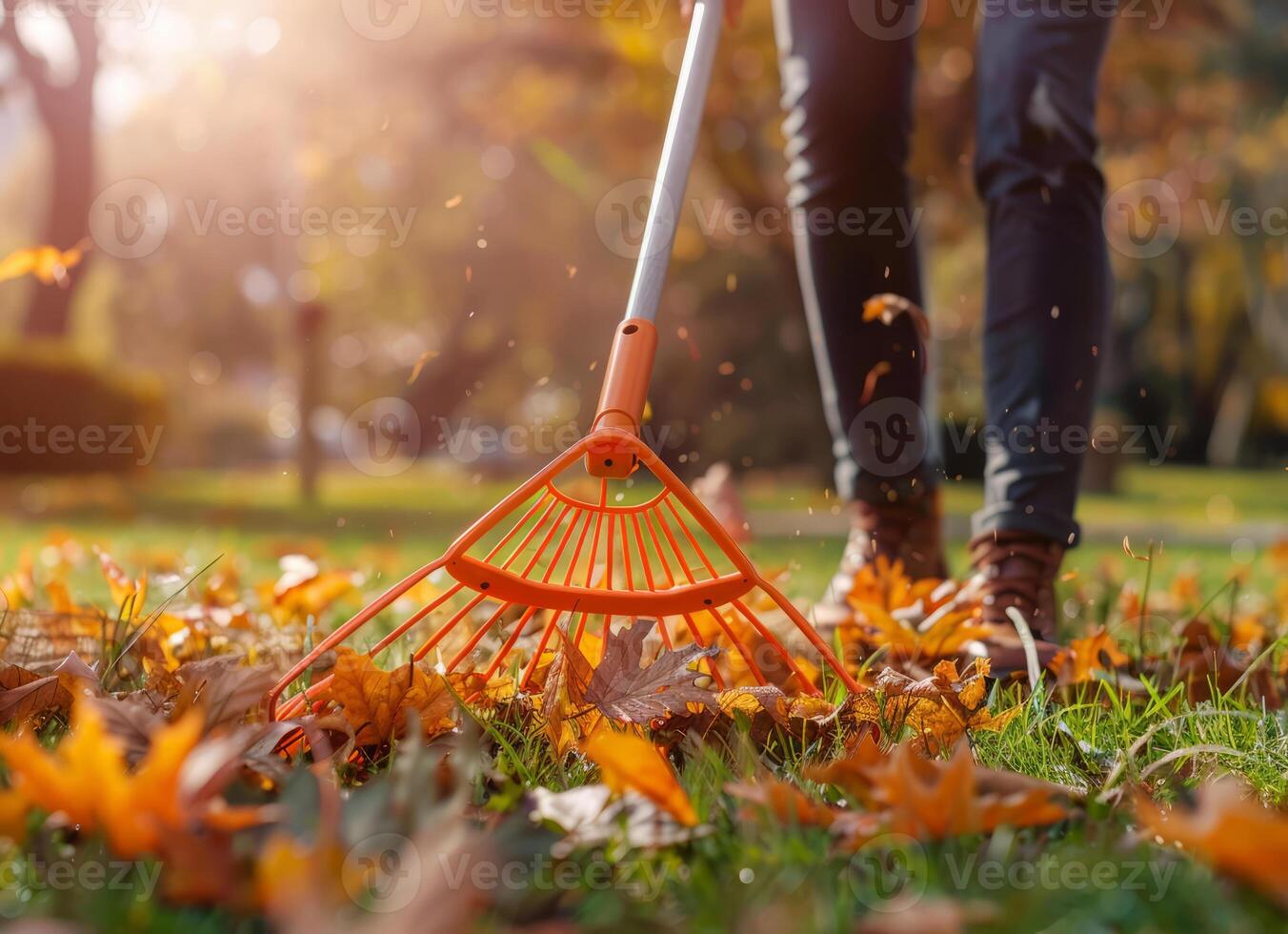 Close-up of a man raking autumn leaves with an orange plastic garden rake in a park on a sunny day against a background of green grass photo
