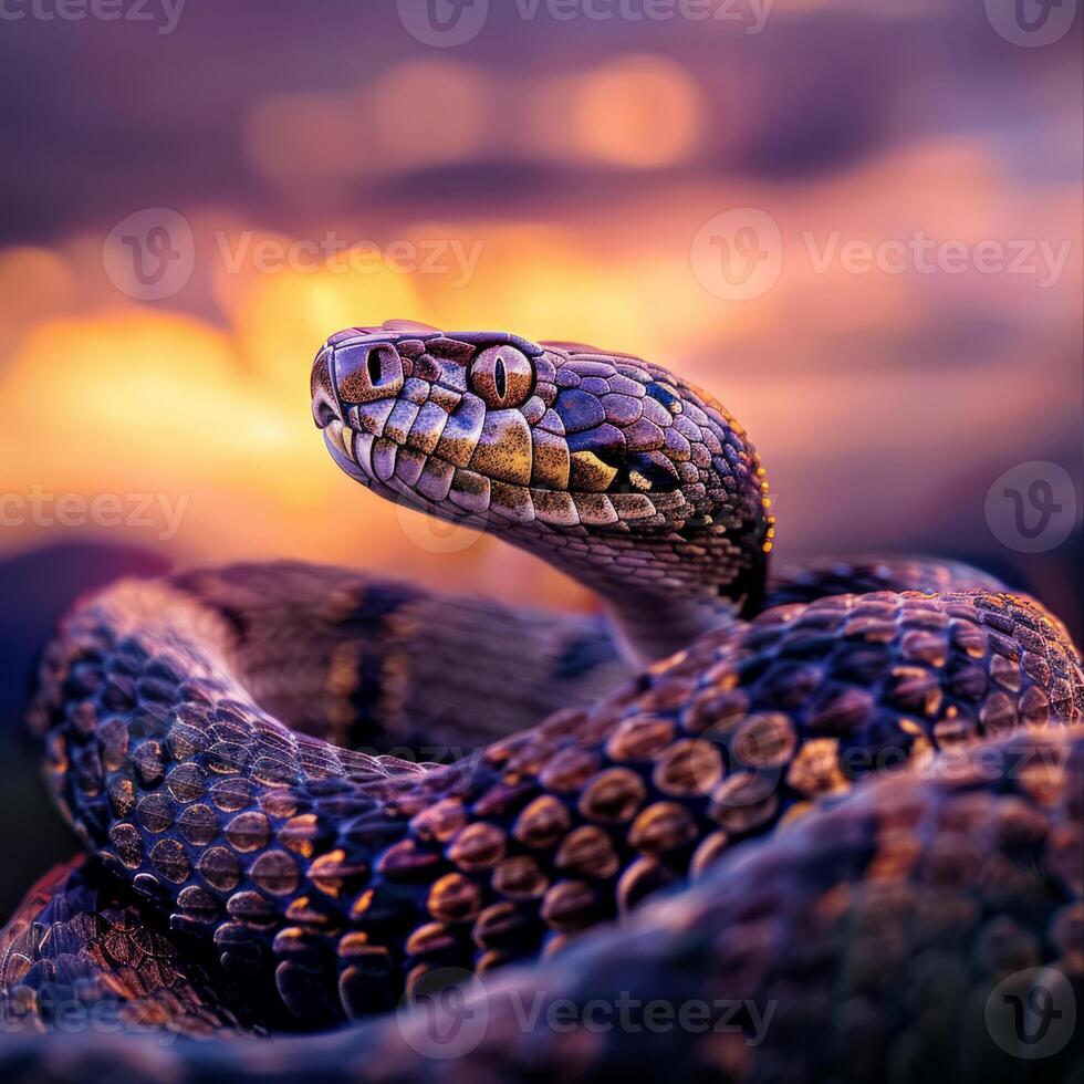 A majestic coiled snake is depicted on a bright background. photo