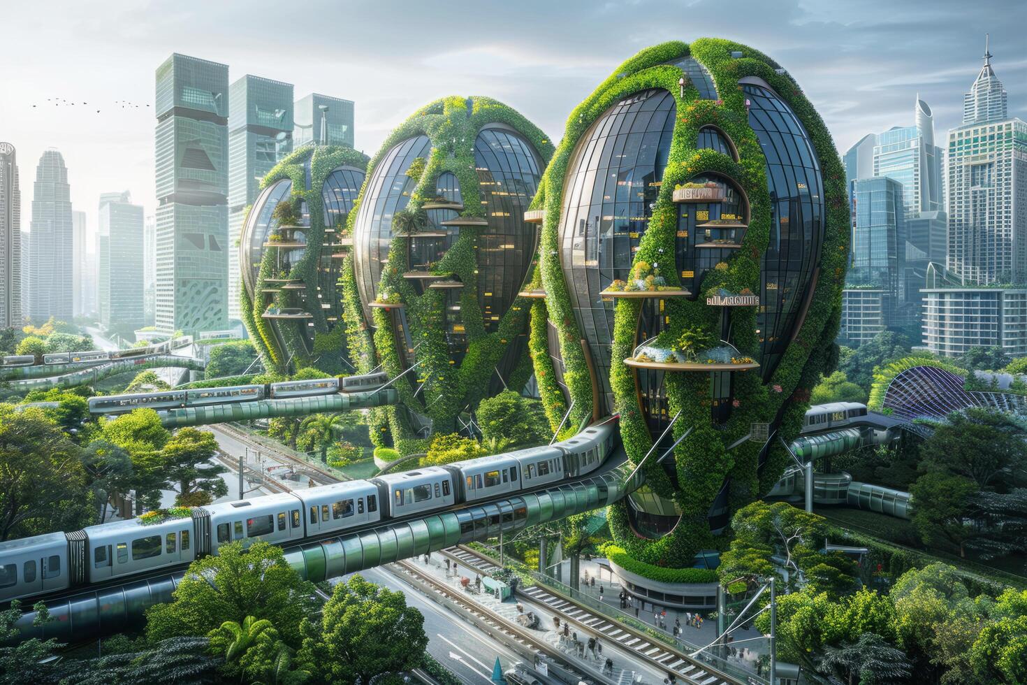 A futuristic urban landscape. Skyscrapers surrounded by greenery. Streets with electric trains, electric cars or bicycles. An ecologically clean city. photo