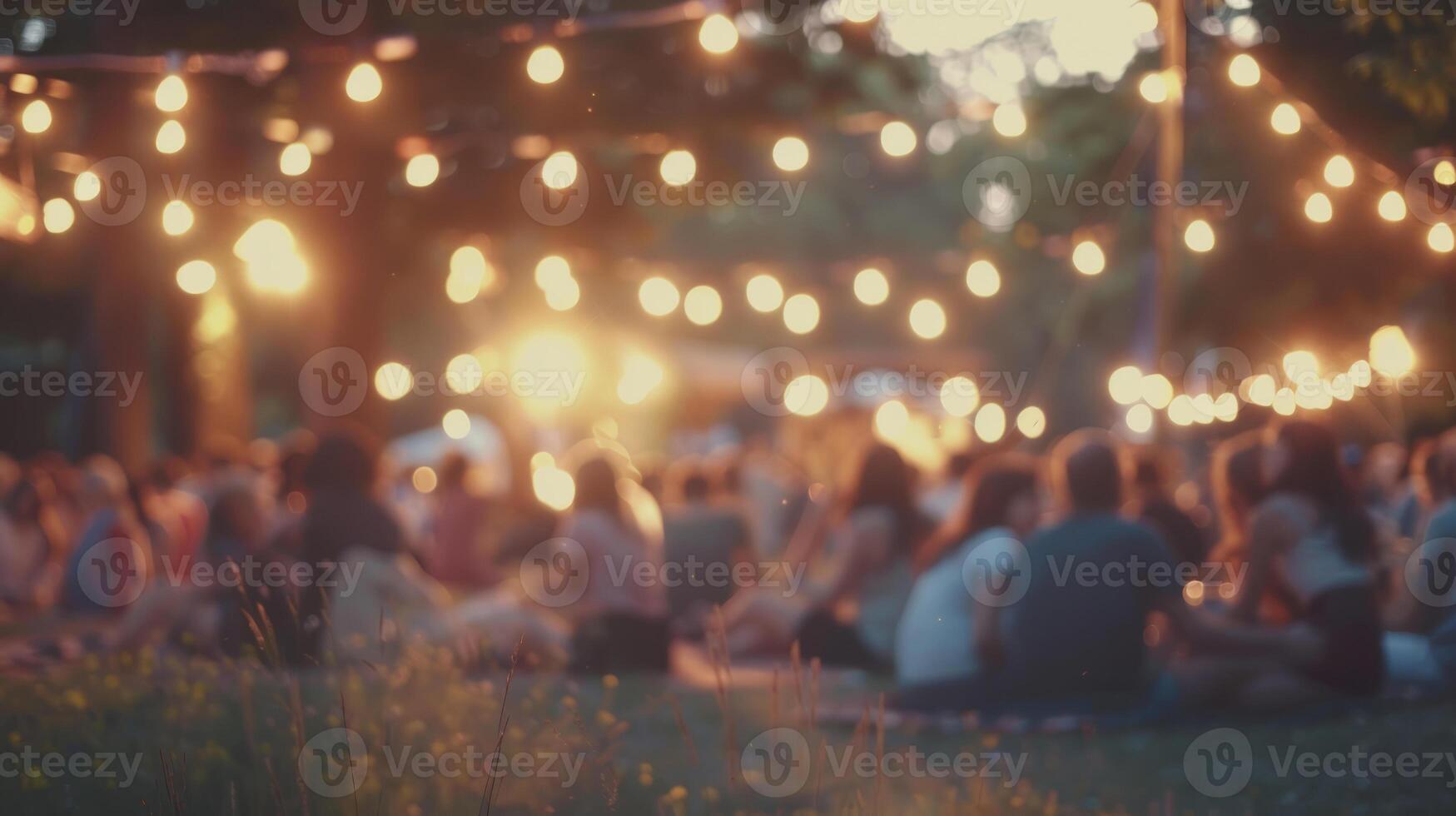 A blurred background with garlands and trees. An outdoor music festival. People are enjoying live music. The concept of a summer party. photo