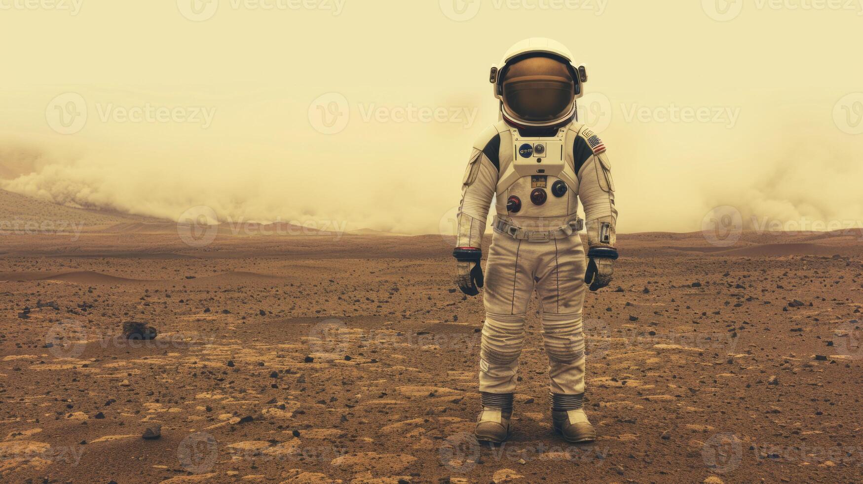 An astronaut in the desert of Mars. The concept of a research expedition on the surface of the red planet. photo