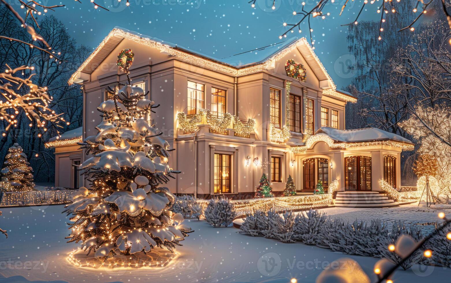 the house is decorated in a modern style for the New Year, a Christmas tree in the courtyard, festive garlands on the windows of the house. photo