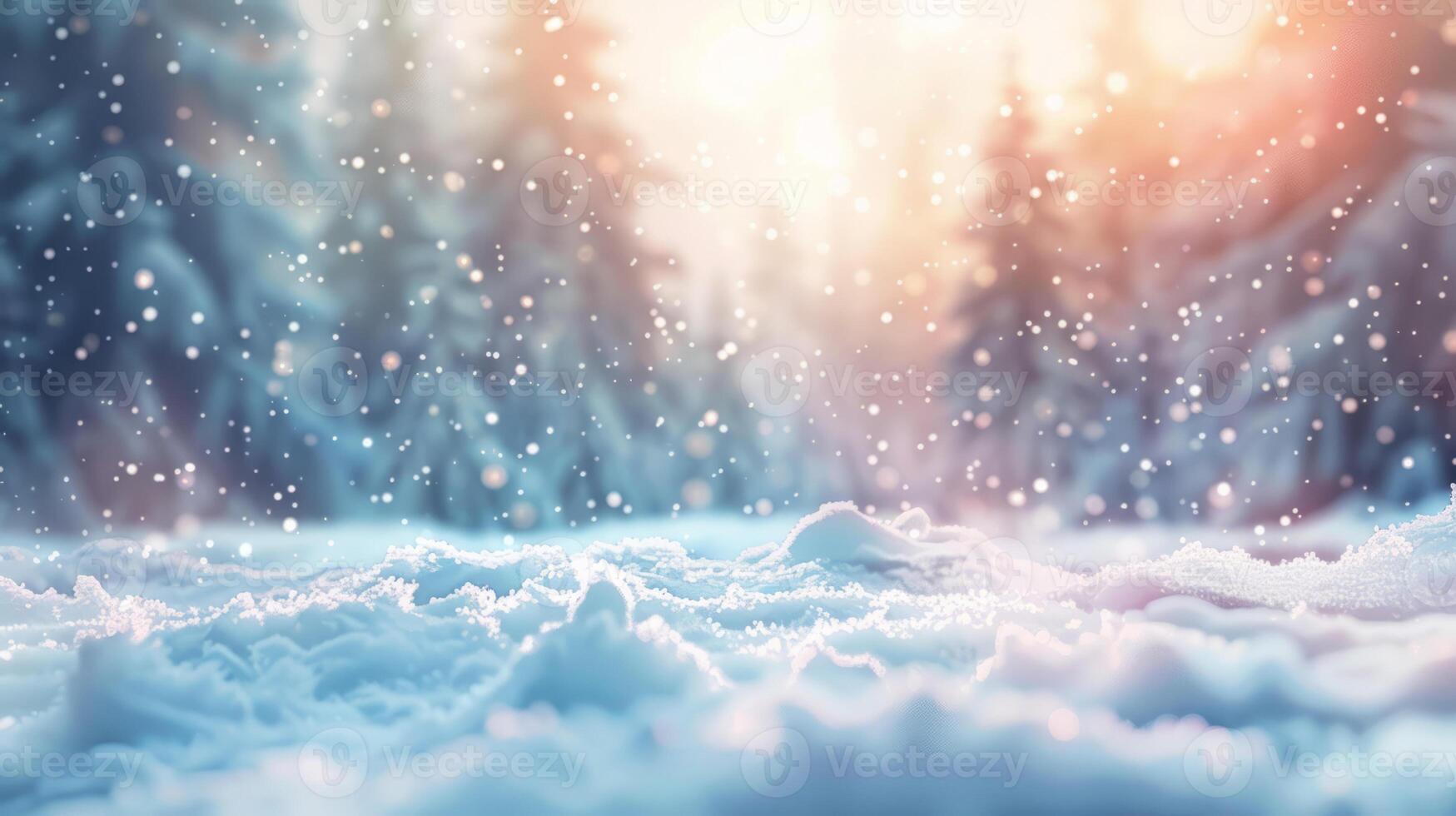abstract background with snow and blizzard. The winter concept of snowflakes falling on a blurred forest background . Snowy Christmas landscape. photo