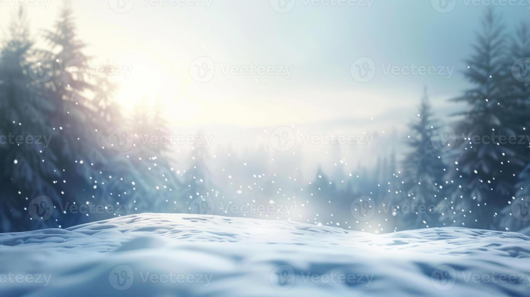 abstract background with snow and blizzard. The winter concept of snowflakes falling on a blurred forest background . Snowy Christmas landscape. photo