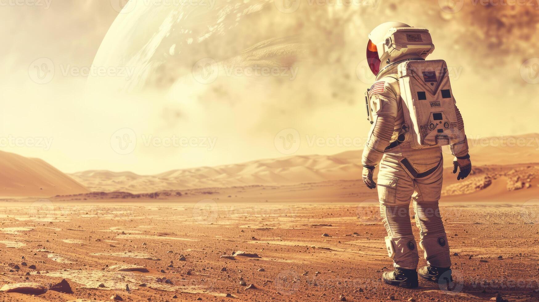 An astronaut in the desert of Mars. The concept of a research expedition on the surface of the red planet. photo