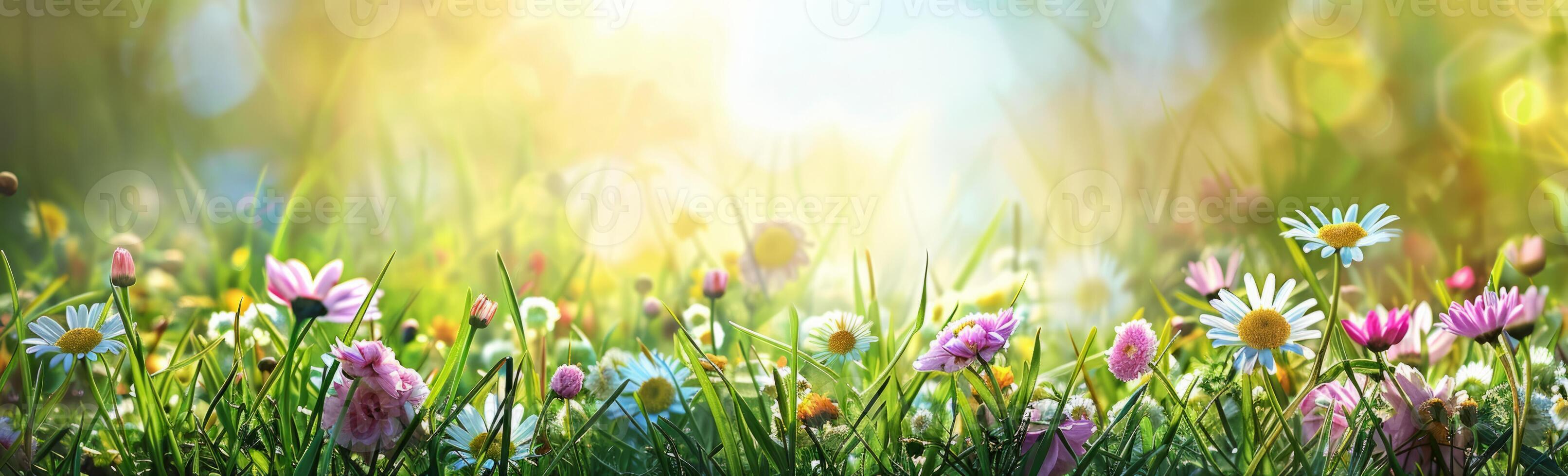 A beautiful green meadow with bright wildflowers - daisies, chrysanthemums and grass in the sunlight. photo