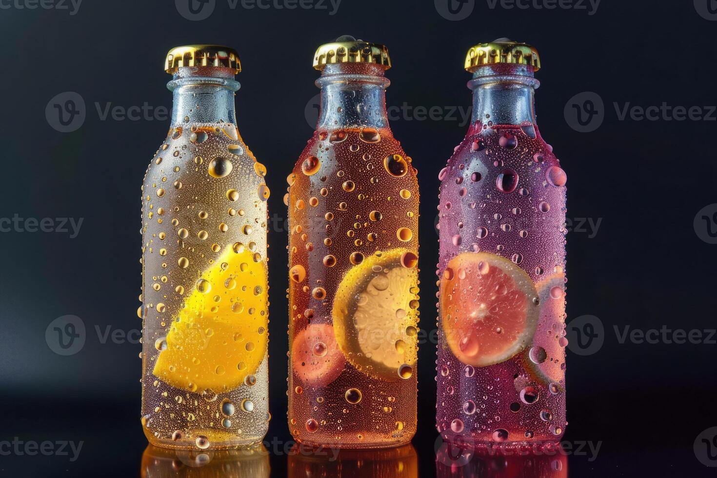 Three bottles of cold fruit water. Lemonade with large drops of condensate. Soft drinks. Summer. photo
