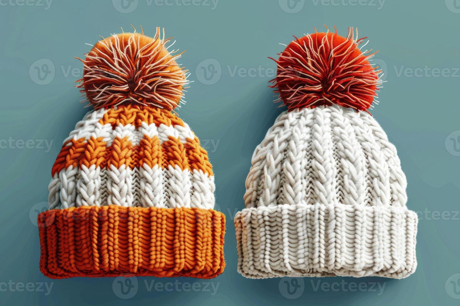 a set of two knitted striped orange and white hats with pompoms. photo