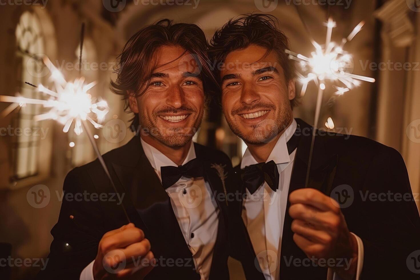 Two beautiful gay lovers in black suits. Men are holding sparklers in their hands. Christmas Day. New Year. photo
