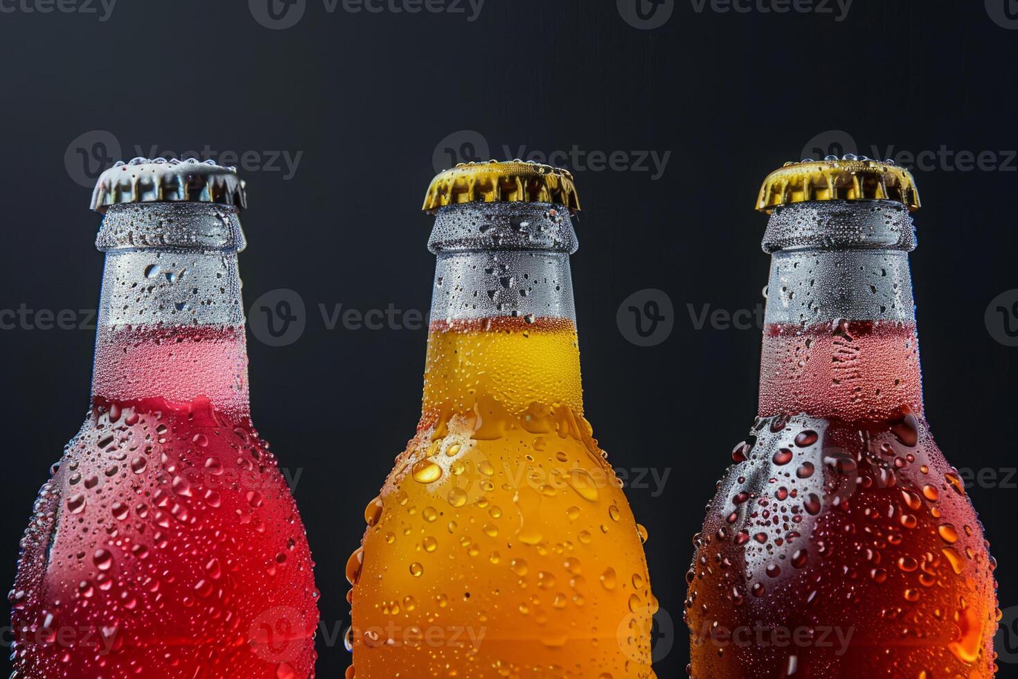 Three bottles of cold fruit water. Lemonade with large drops of condensate. Soft drinks. Summer. photo