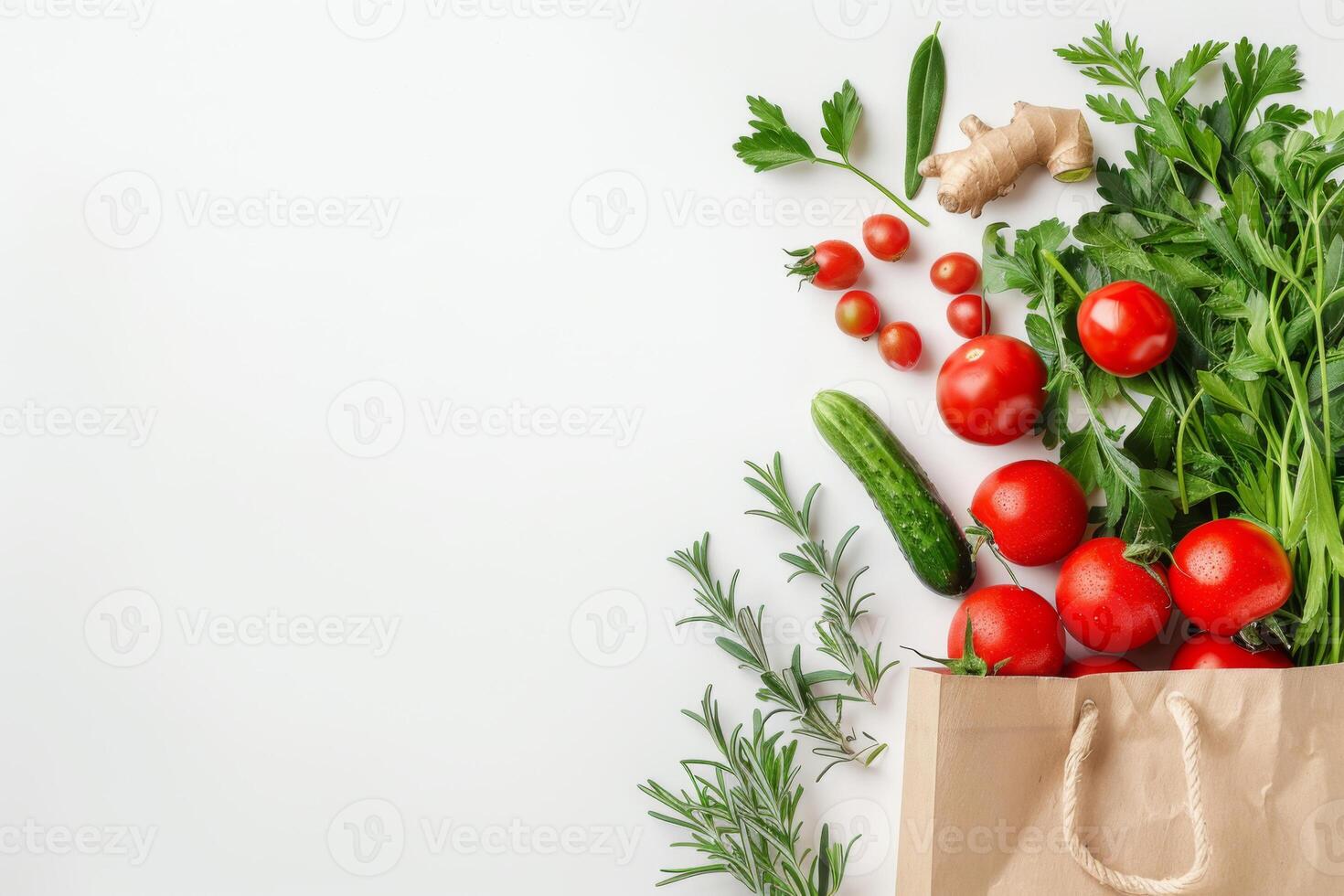 a paper bag with vegetables and herbs on a white background. A place for the text. Food delivery. Purchase of products. An environmentally friendly product. photo