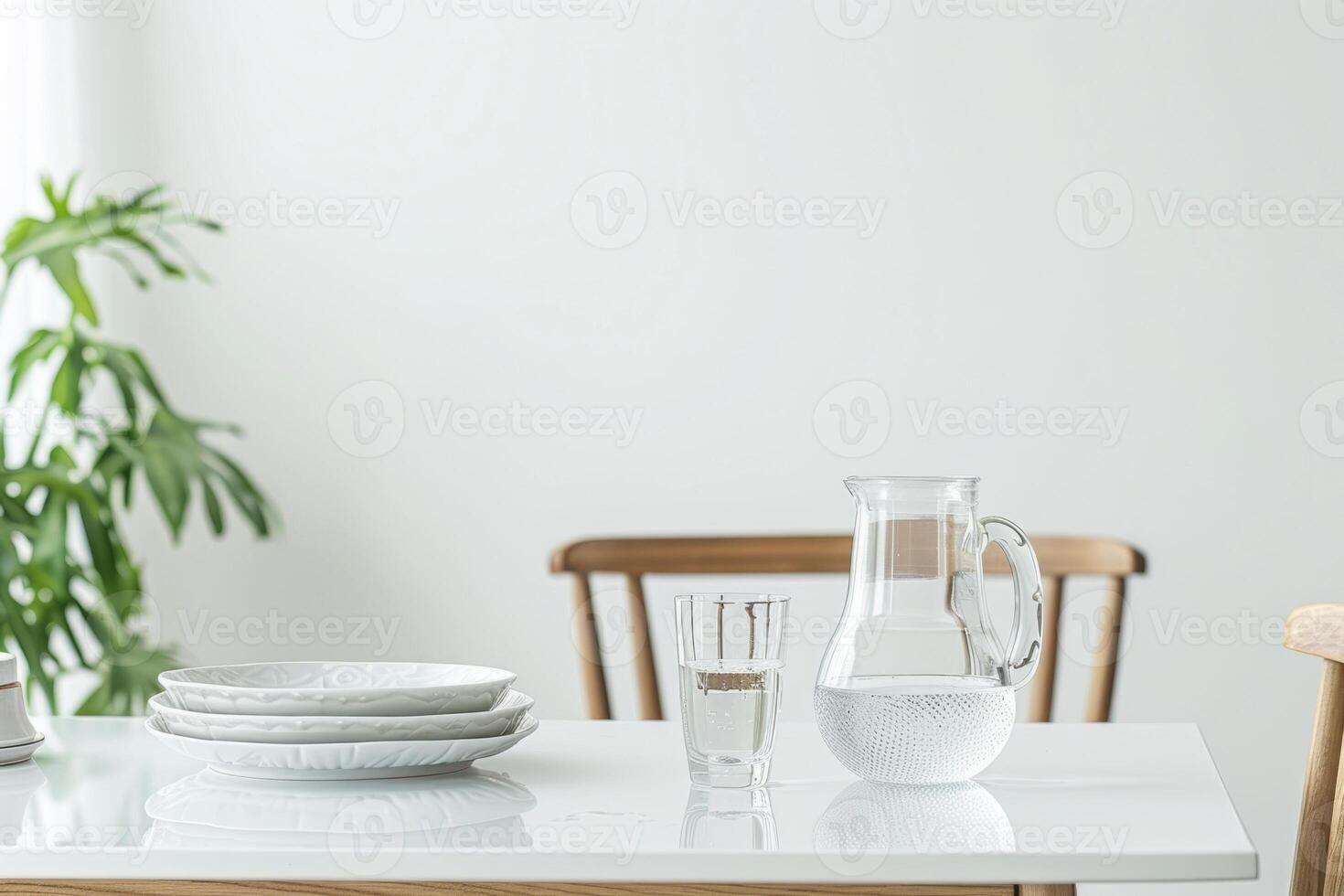 Water in a jug and a glass on the table, a chair and furniture, dishes on a white wall background. Advertisement. Style. photo