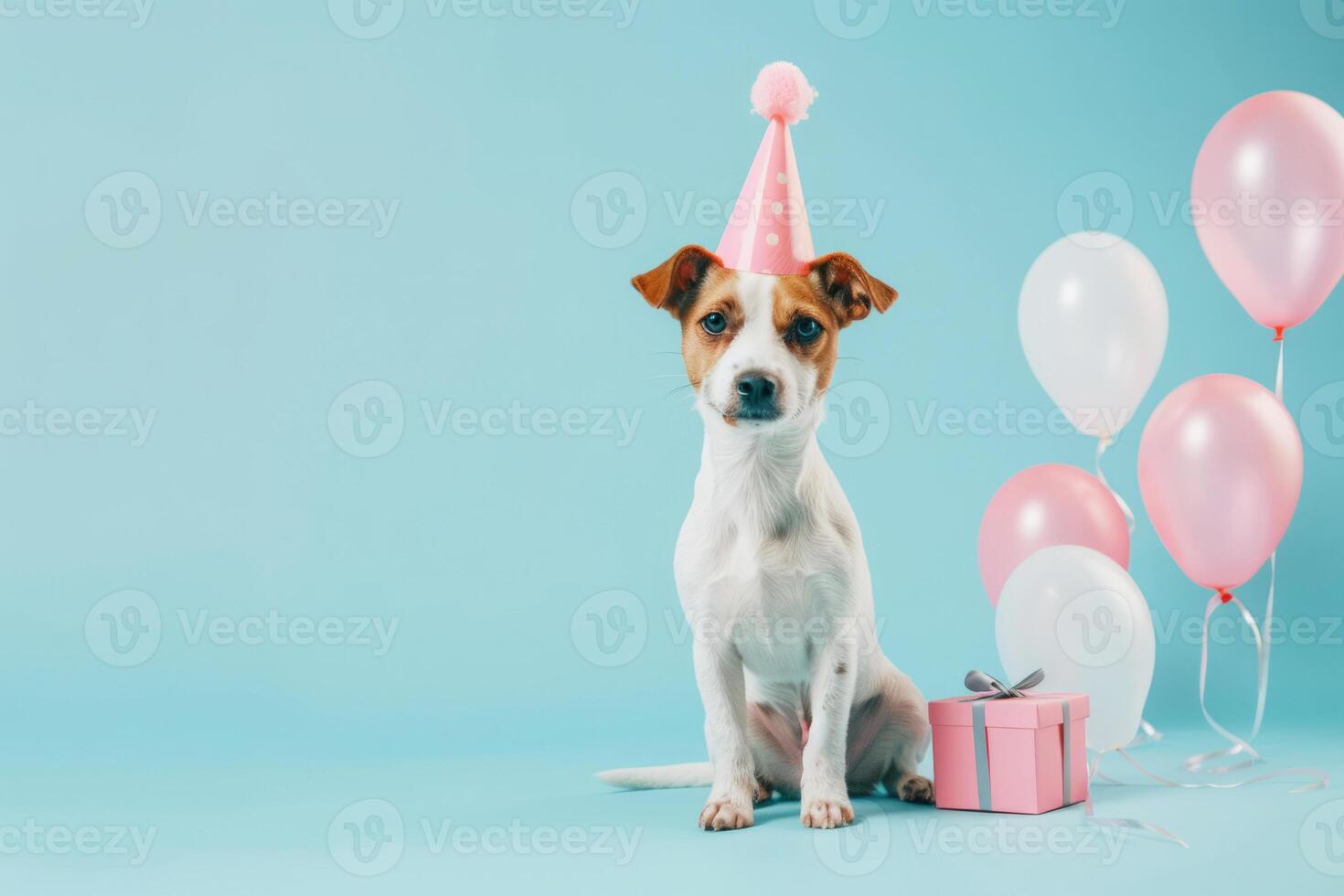 Jack Russell breed dog, hat on his head, birthday, gifts, balloons, on a blue background. An idea for a postcard, advertisement, banner. photo